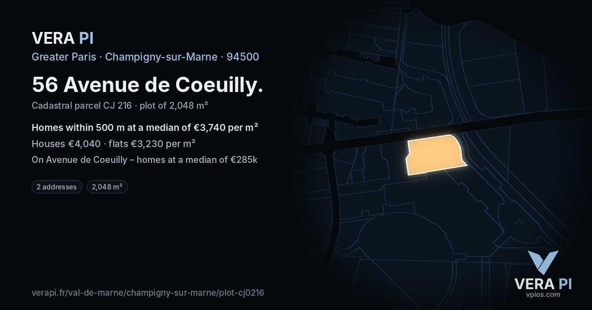 56 Avenue de Coeuilly, Champigny-sur-Marne at night – the plot lit, the parcels around coloured by the prices near them