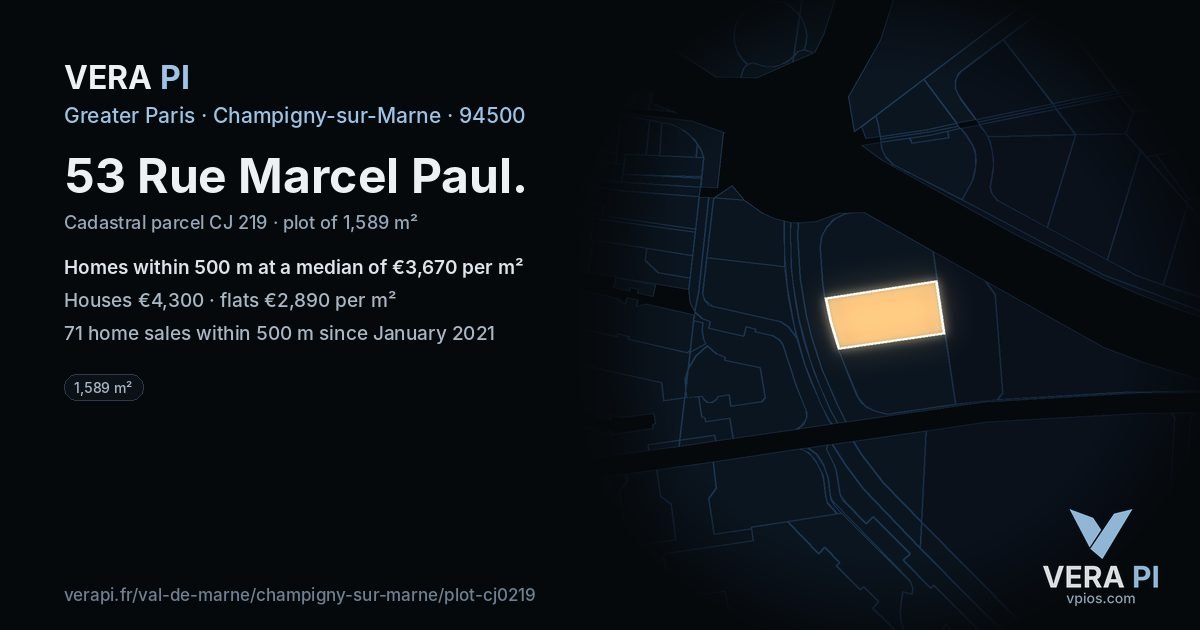 53 Rue Marcel Paul, Champigny-sur-Marne at night – the plot lit, the parcels around coloured by the prices near them