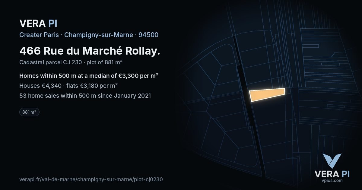 466 Rue du Marché Rollay, Champigny-sur-Marne at night – the plot lit, the parcels around coloured by the prices near them