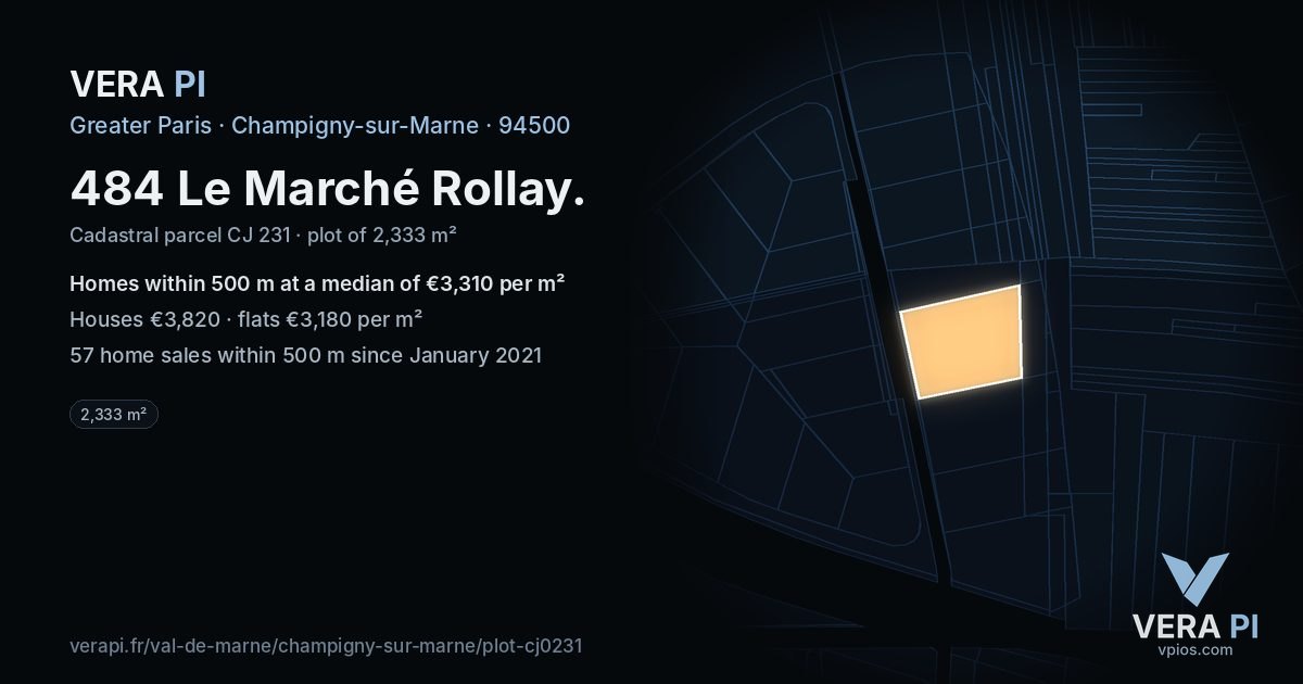 484 Le Marché Rollay, Champigny-sur-Marne at night – the plot lit, the parcels around coloured by the prices near them
