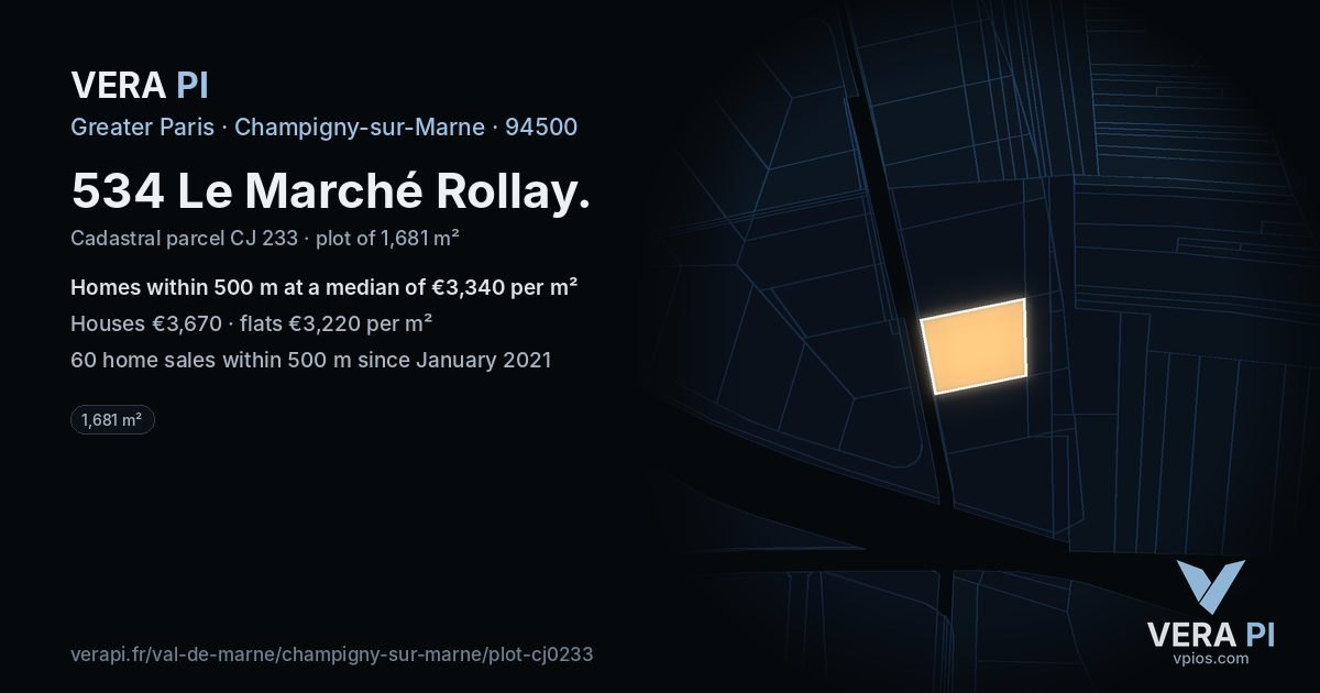 534 Le Marché Rollay, Champigny-sur-Marne at night – the plot lit, the parcels around coloured by the prices near them