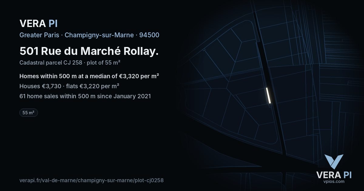 501 Rue du Marché Rollay, Champigny-sur-Marne at night – the plot lit, the parcels around coloured by the prices near them