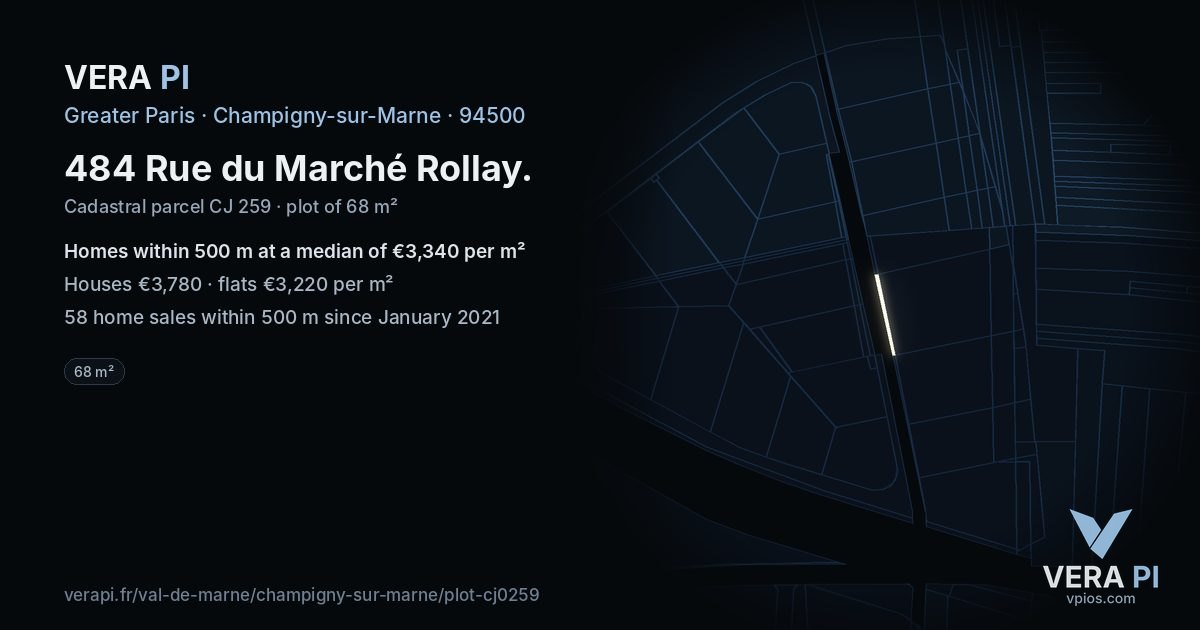 484 Rue du Marché Rollay, Champigny-sur-Marne at night – the plot lit, the parcels around coloured by the prices near them