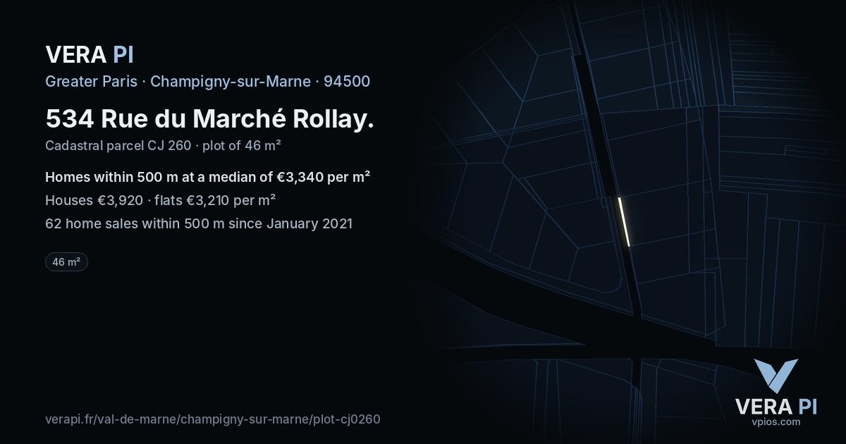534 Rue du Marché Rollay, Champigny-sur-Marne at night – the plot lit, the parcels around coloured by the prices near them