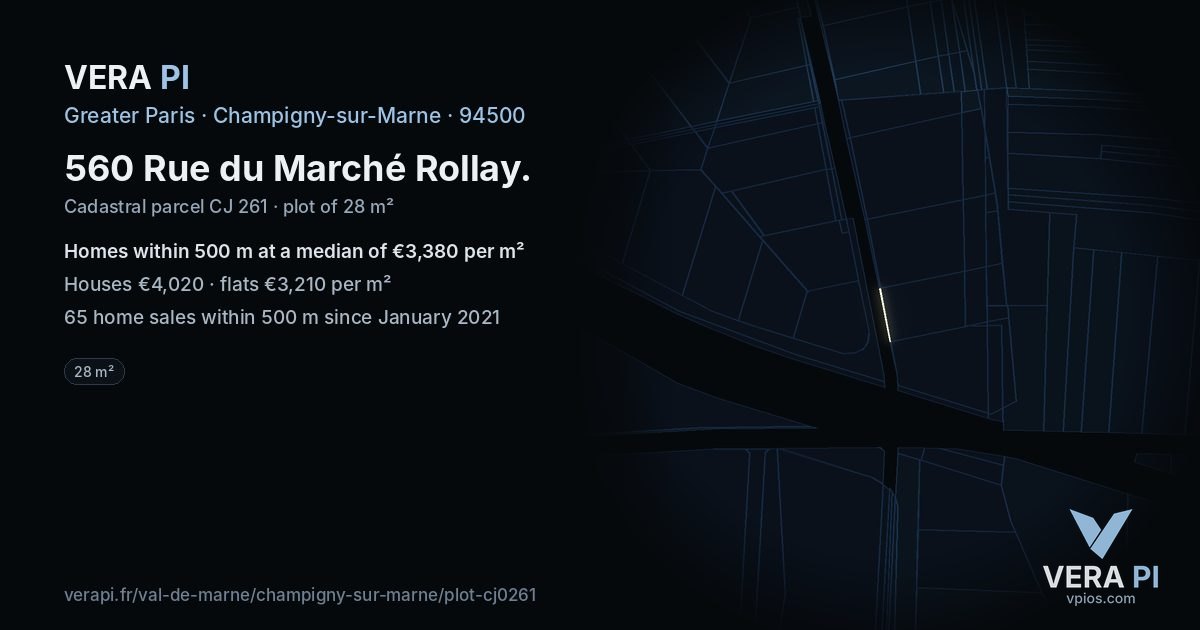 560 Rue du Marché Rollay, Champigny-sur-Marne at night – the plot lit, the parcels around coloured by the prices near them