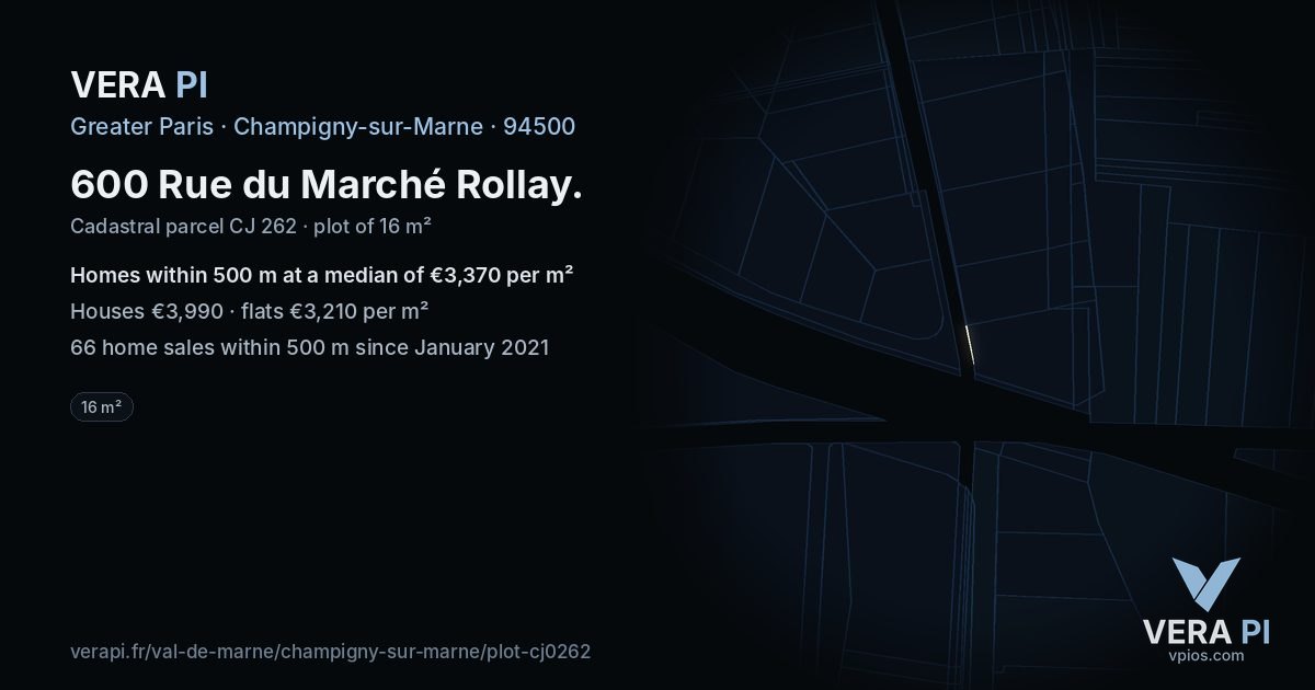 600 Rue du Marché Rollay, Champigny-sur-Marne at night – the plot lit, the parcels around coloured by the prices near them