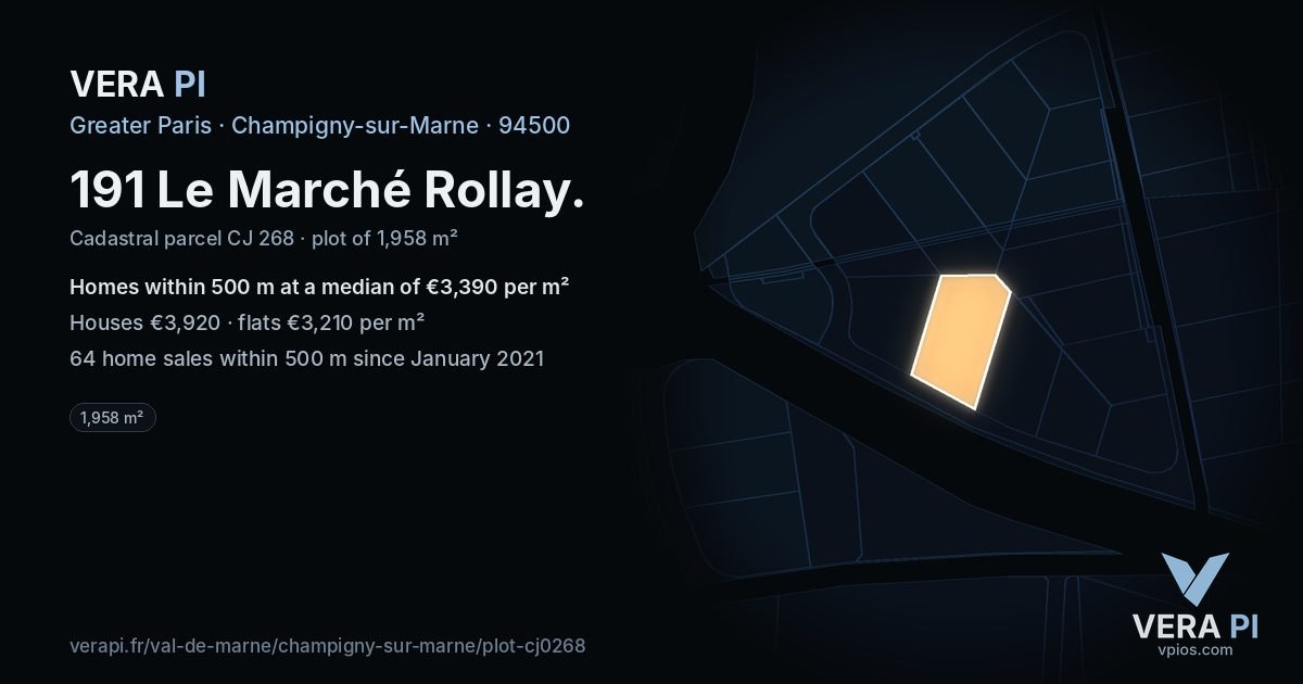 191 Le Marché Rollay, Champigny-sur-Marne at night – the plot lit, the parcels around coloured by the prices near them