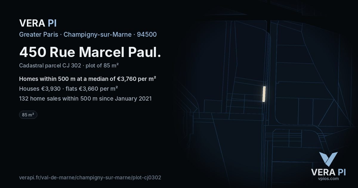 450 Rue Marcel Paul, Champigny-sur-Marne at night – the plot lit, the parcels around coloured by the prices near them