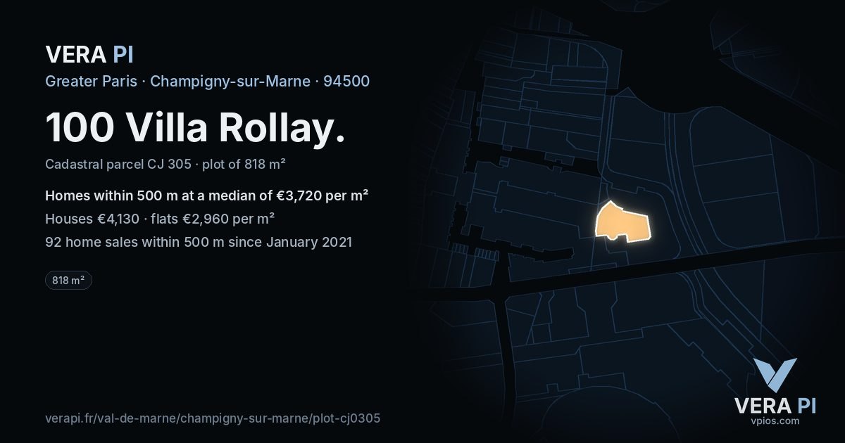 100 Villa Rollay, Champigny-sur-Marne at night – the plot lit, the parcels around coloured by the prices near them
