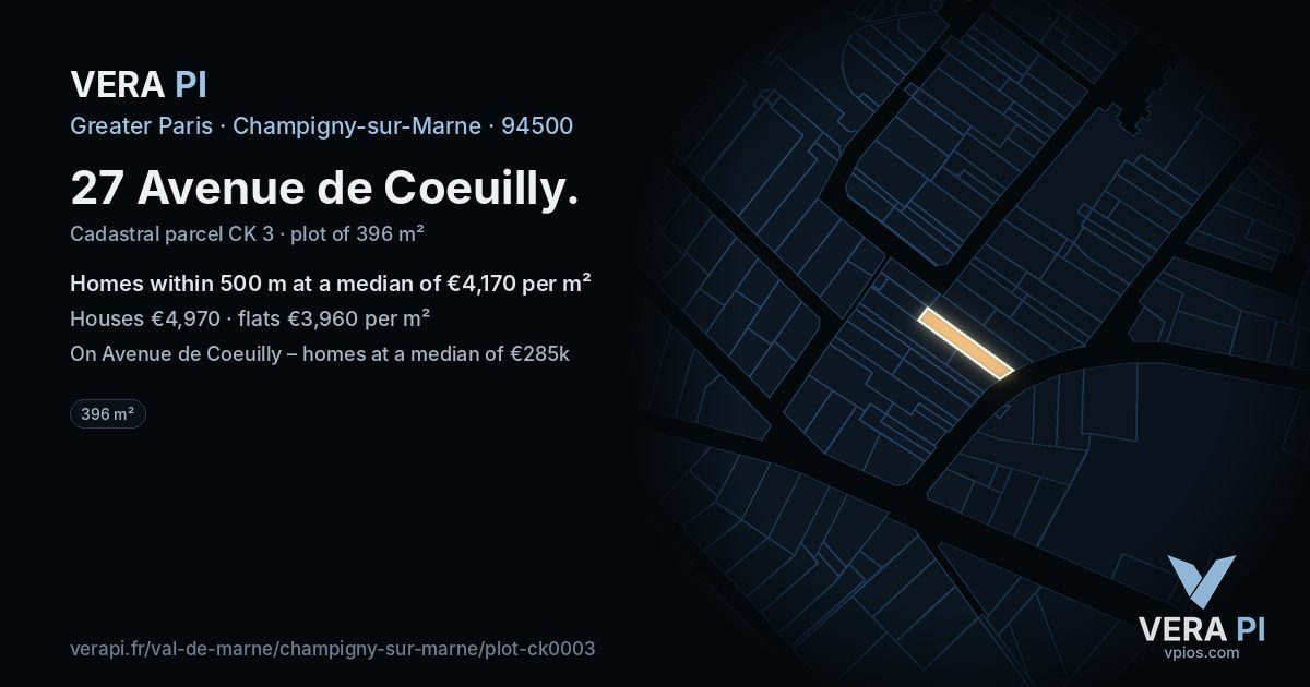 27 Avenue de Coeuilly, Champigny-sur-Marne at night – the plot lit, the parcels around coloured by the prices near them