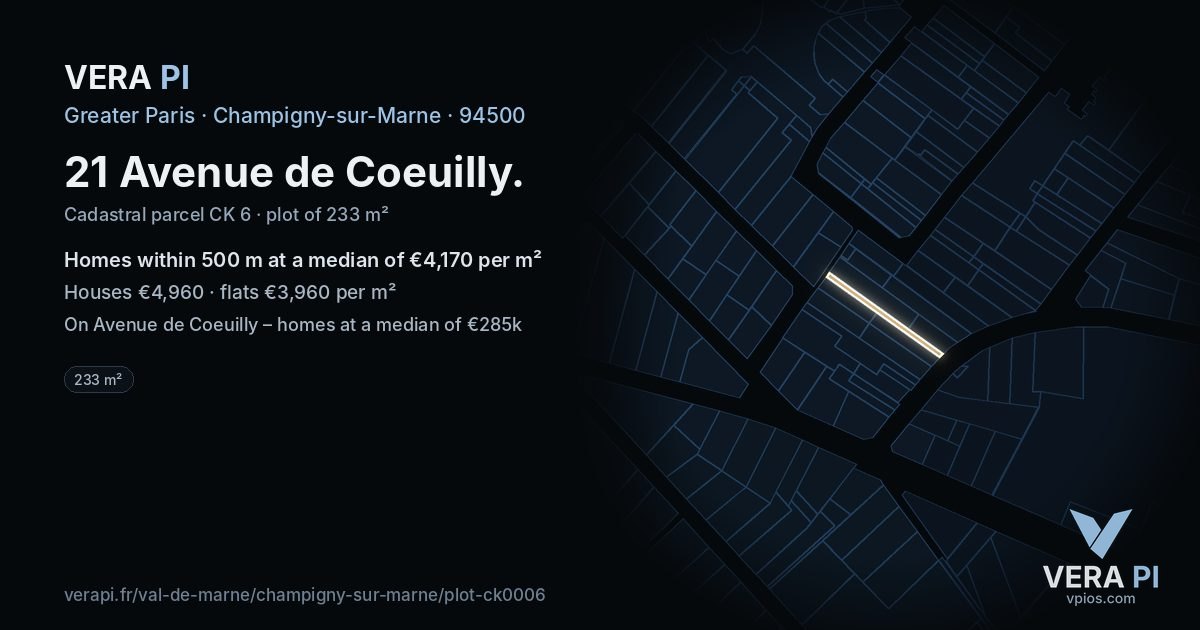 21 Avenue de Coeuilly, Champigny-sur-Marne at night – the plot lit, the parcels around coloured by the prices near them