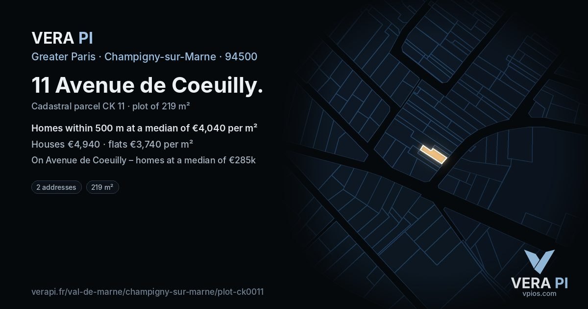 11 Avenue de Coeuilly, Champigny-sur-Marne at night – the plot lit, the parcels around coloured by the prices near them