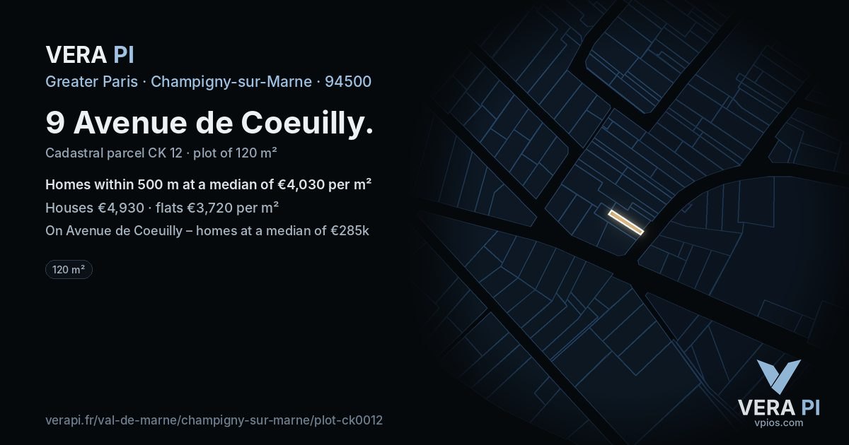 9 Avenue de Coeuilly, Champigny-sur-Marne at night – the plot lit, the parcels around coloured by the prices near them