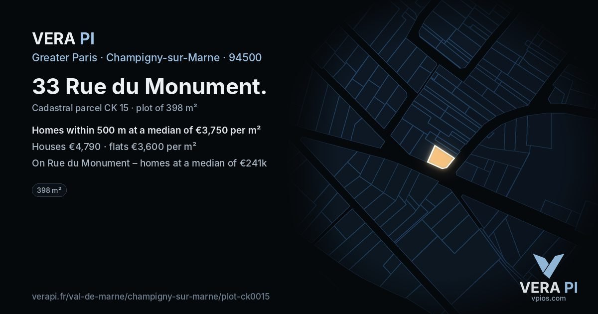 33 Rue du Monument, Champigny-sur-Marne at night – the plot lit, the parcels around coloured by the prices near them