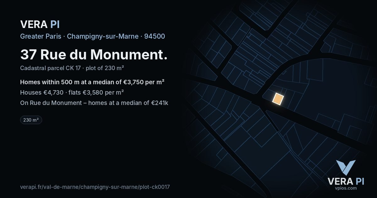 37 Rue du Monument, Champigny-sur-Marne at night – the plot lit, the parcels around coloured by the prices near them