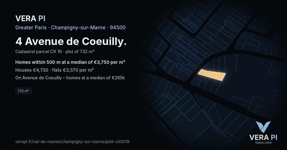 4 Avenue de Coeuilly, Champigny-sur-Marne at night – the plot lit, the parcels around coloured by the prices near them