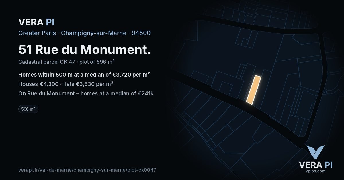 51 Rue du Monument, Champigny-sur-Marne at night – the plot lit, the parcels around coloured by the prices near them