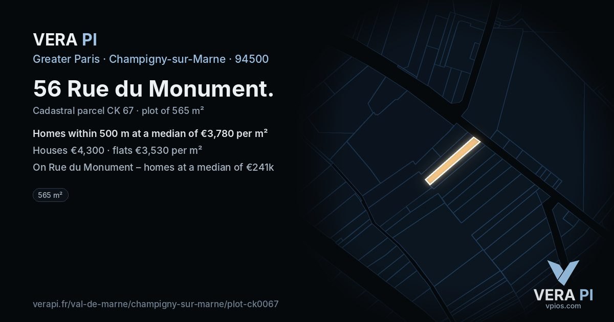 56 Rue du Monument, Champigny-sur-Marne at night – the plot lit, the parcels around coloured by the prices near them