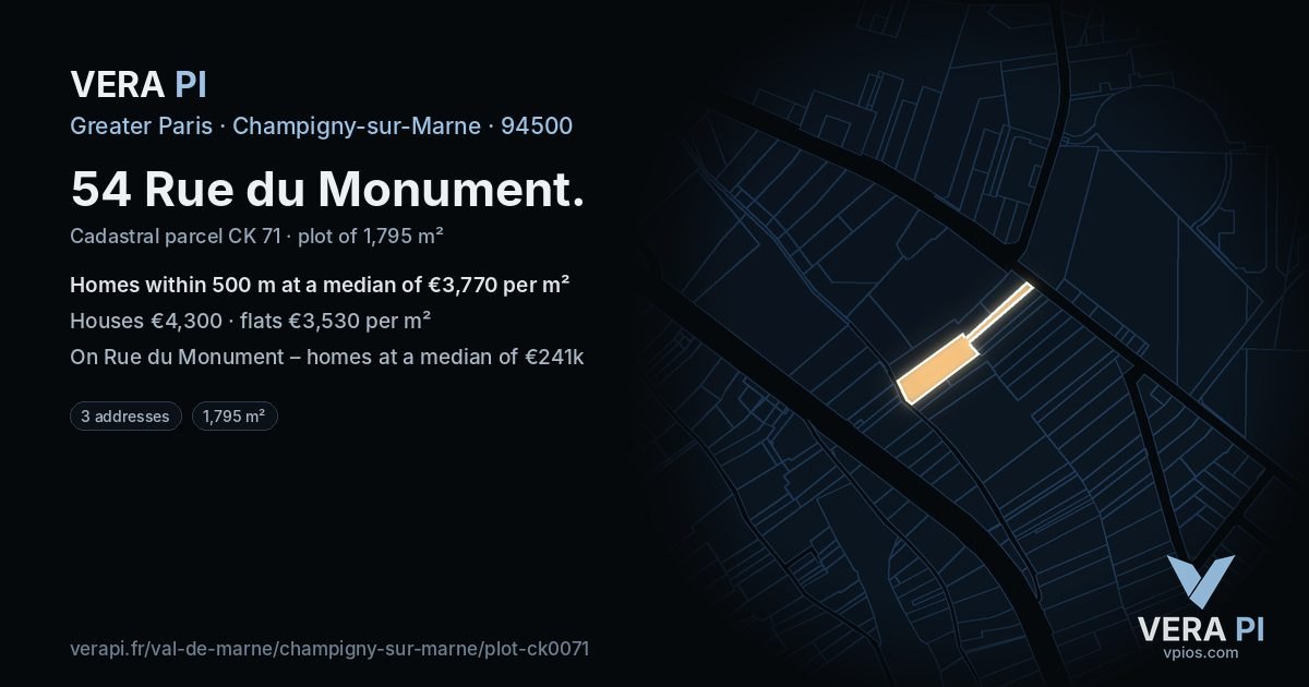 54 Rue du Monument, Champigny-sur-Marne at night – the plot lit, the parcels around coloured by the prices near them