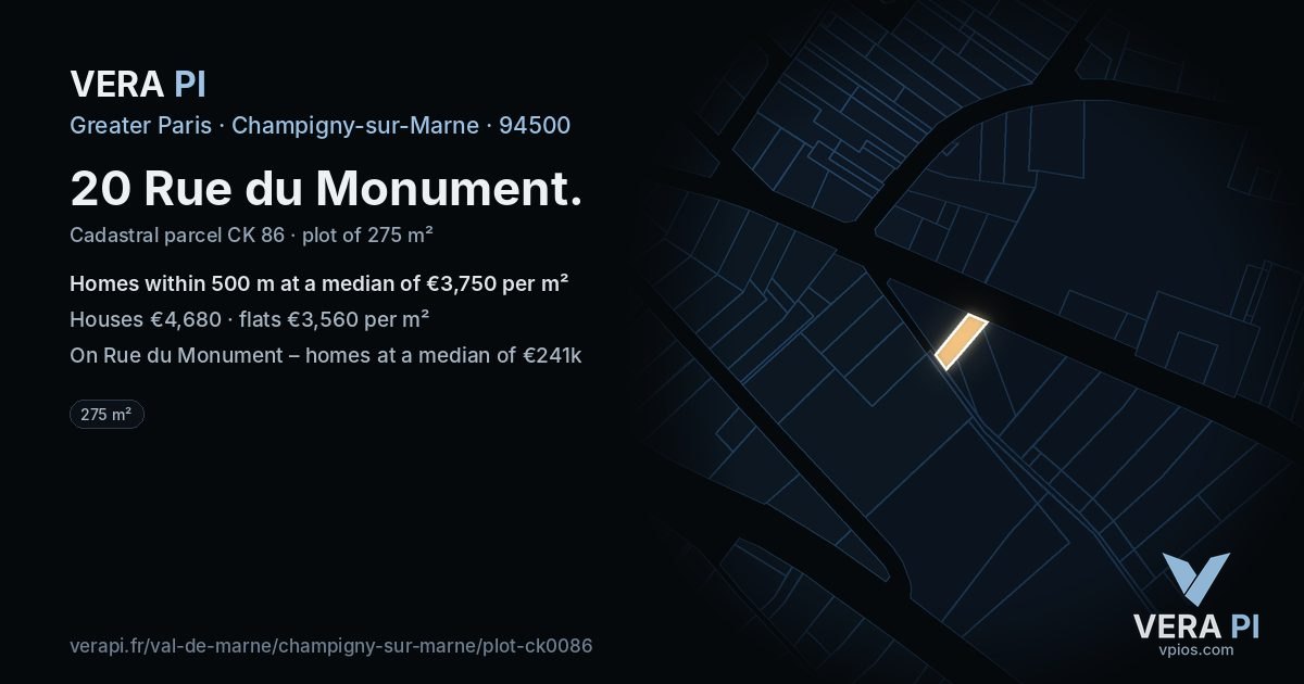 20 Rue du Monument, Champigny-sur-Marne at night – the plot lit, the parcels around coloured by the prices near them