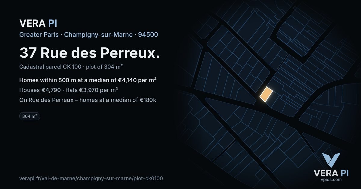 37 Rue des Perreux, Champigny-sur-Marne at night – the plot lit, the parcels around coloured by the prices near them
