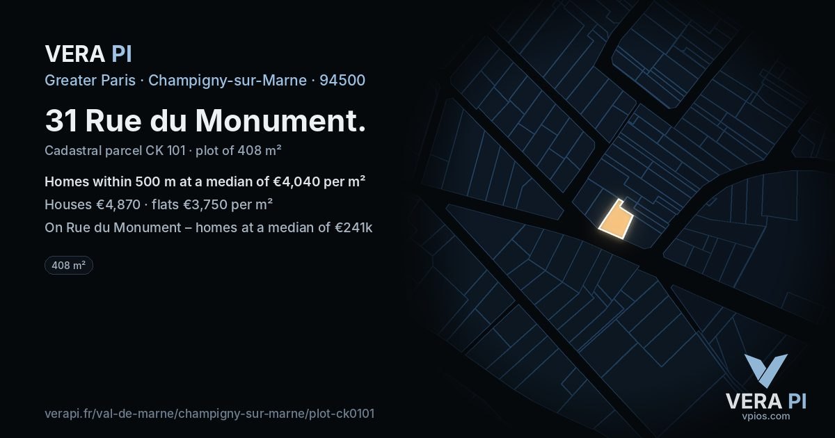31 Rue du Monument, Champigny-sur-Marne at night – the plot lit, the parcels around coloured by the prices near them