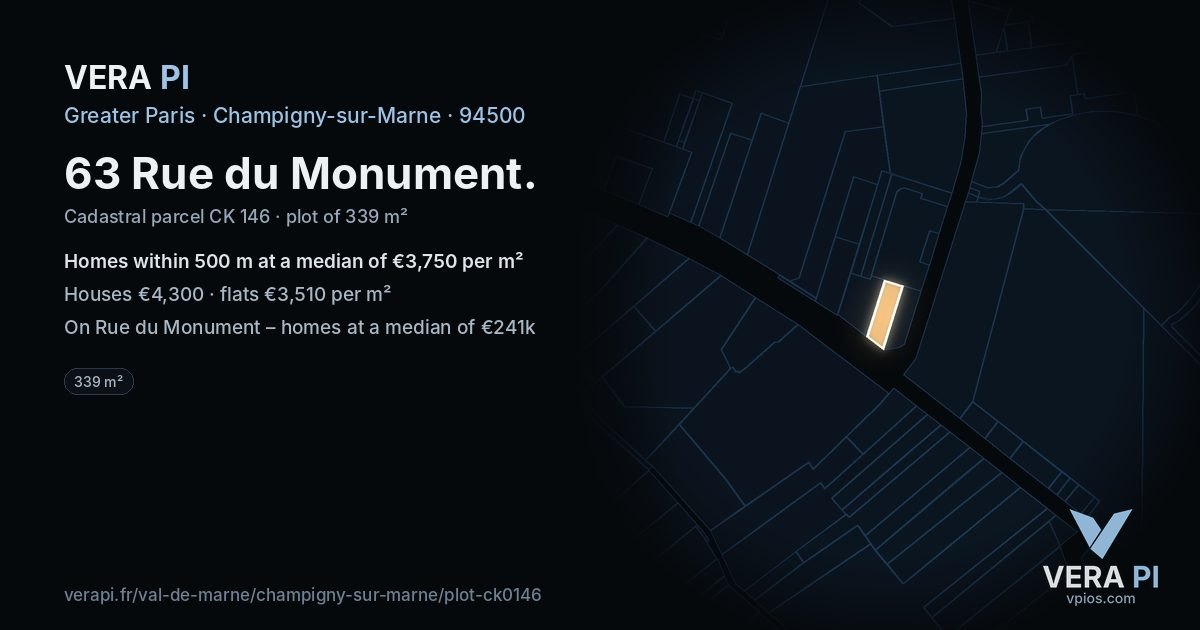 63 Rue du Monument, Champigny-sur-Marne at night – the plot lit, the parcels around coloured by the prices near them