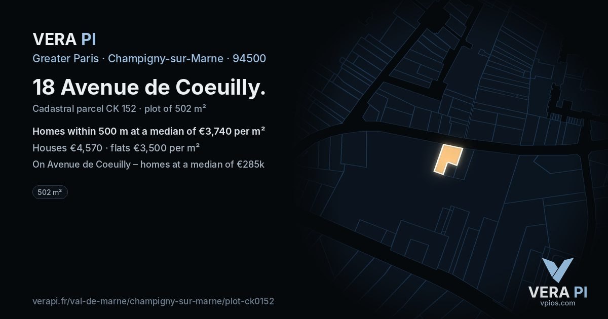 18 Avenue de Coeuilly, Champigny-sur-Marne at night – the plot lit, the parcels around coloured by the prices near them
