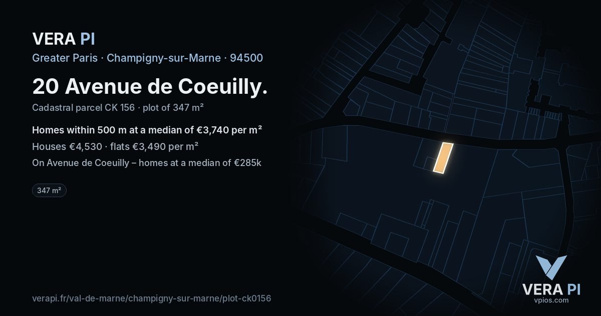 20 Avenue de Coeuilly, Champigny-sur-Marne at night – the plot lit, the parcels around coloured by the prices near them
