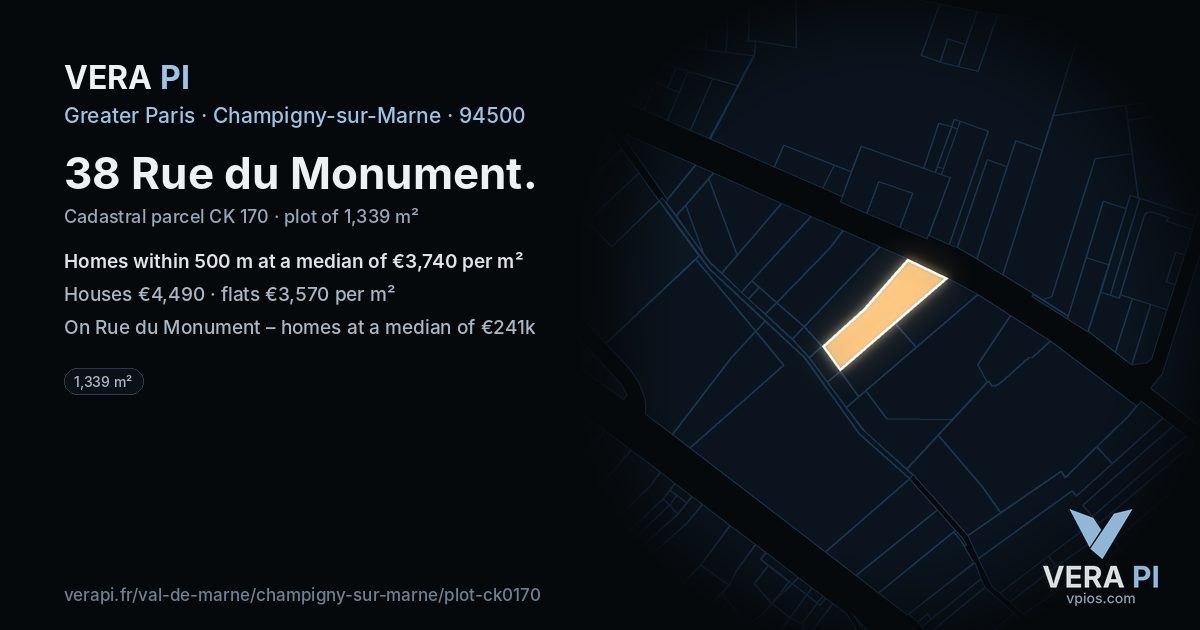38 Rue du Monument, Champigny-sur-Marne at night – the plot lit, the parcels around coloured by the prices near them