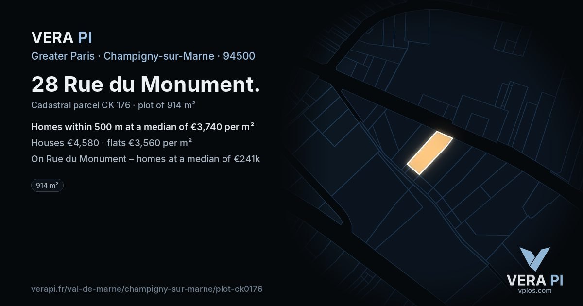 28 Rue du Monument, Champigny-sur-Marne at night – the plot lit, the parcels around coloured by the prices near them