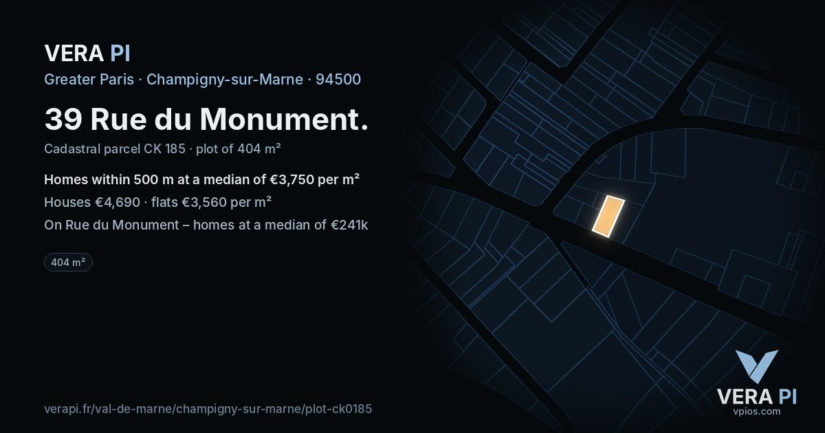 39 Rue du Monument, Champigny-sur-Marne at night – the plot lit, the parcels around coloured by the prices near them