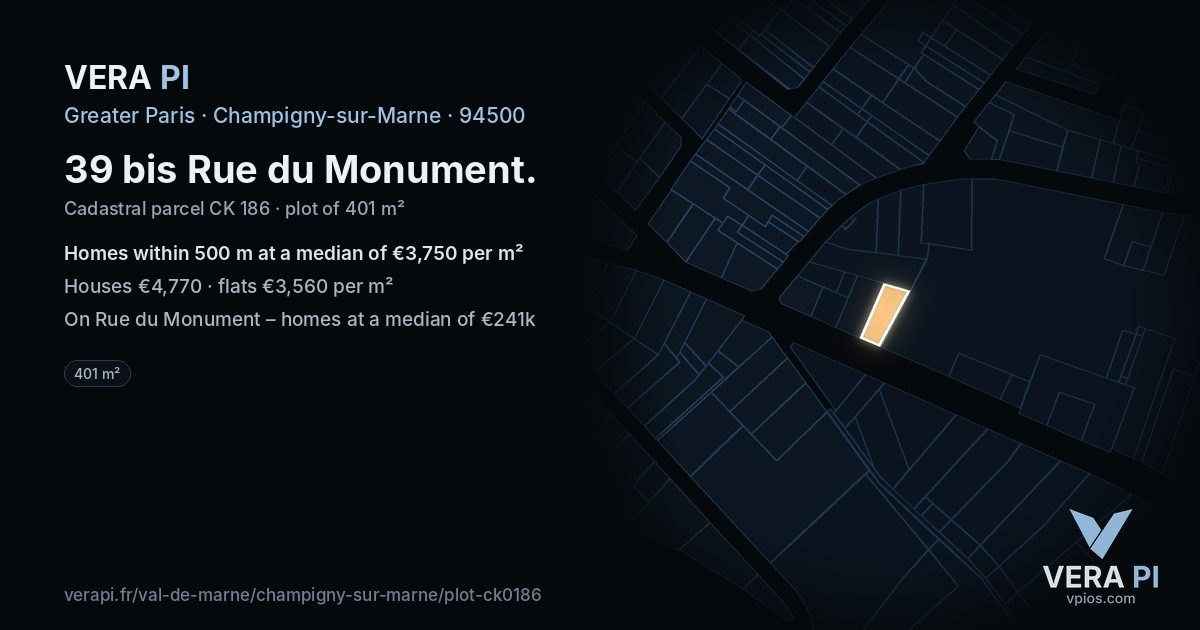 39 bis Rue du Monument, Champigny-sur-Marne at night – the plot lit, the parcels around coloured by the prices near them