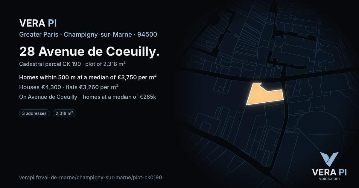 28 Avenue de Coeuilly, Champigny-sur-Marne at night – the plot lit, the parcels around coloured by the prices near them