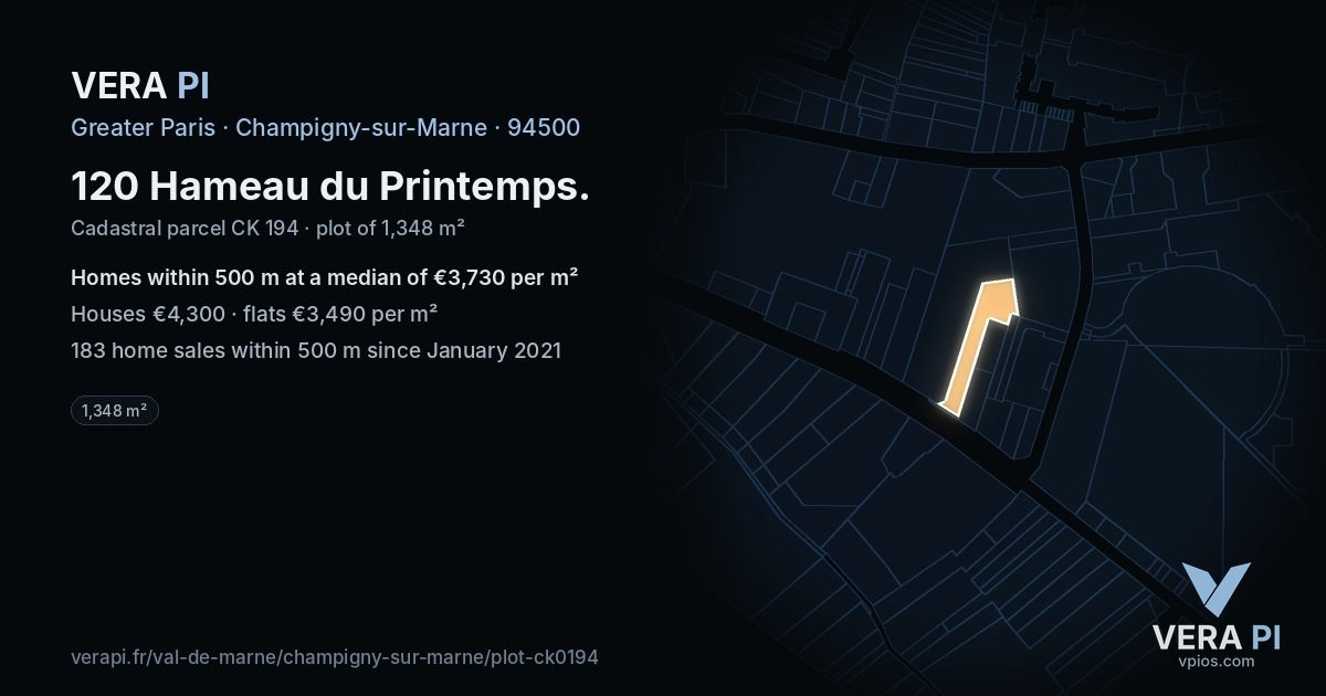 120 Hameau du Printemps, Champigny-sur-Marne at night – the plot lit, the parcels around coloured by the prices near them