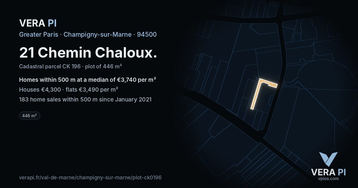 21 Chemin Chaloux, Champigny-sur-Marne at night – the plot lit, the parcels around coloured by the prices near them