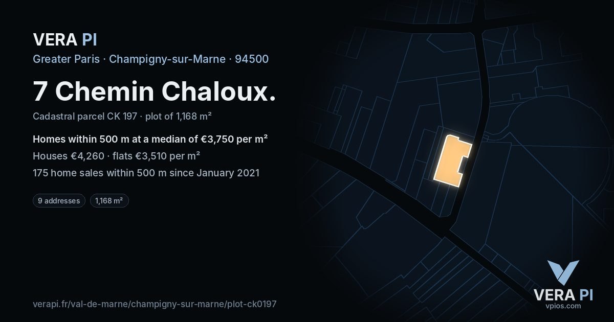 7 Chemin Chaloux, Champigny-sur-Marne at night – the plot lit, the parcels around coloured by the prices near them