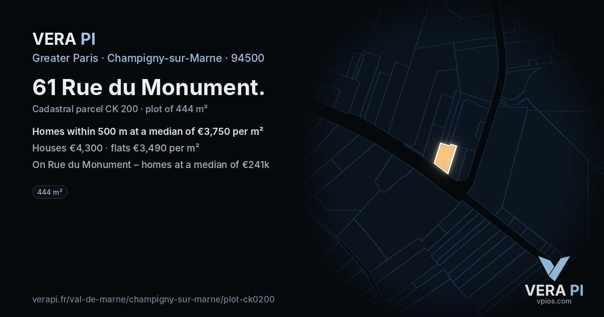 61 Rue du Monument, Champigny-sur-Marne at night – the plot lit, the parcels around coloured by the prices near them