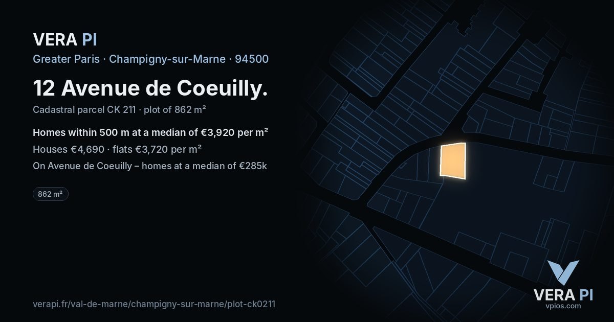 12 Avenue de Coeuilly, Champigny-sur-Marne at night – the plot lit, the parcels around coloured by the prices near them