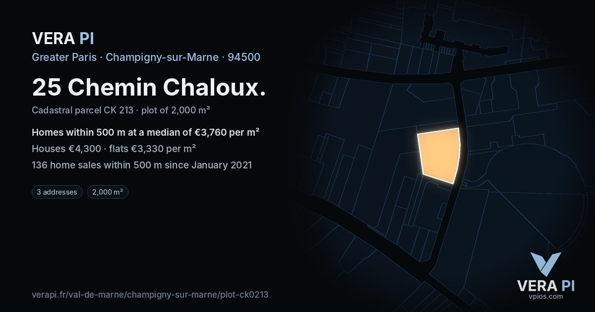 25 Chemin Chaloux, Champigny-sur-Marne at night – the plot lit, the parcels around coloured by the prices near them