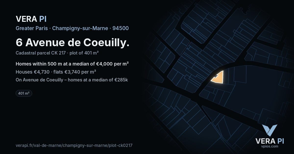 6 Avenue de Coeuilly, Champigny-sur-Marne at night – the plot lit, the parcels around coloured by the prices near them