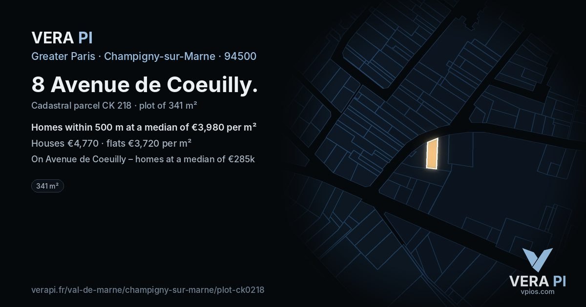 8 Avenue de Coeuilly, Champigny-sur-Marne at night – the plot lit, the parcels around coloured by the prices near them