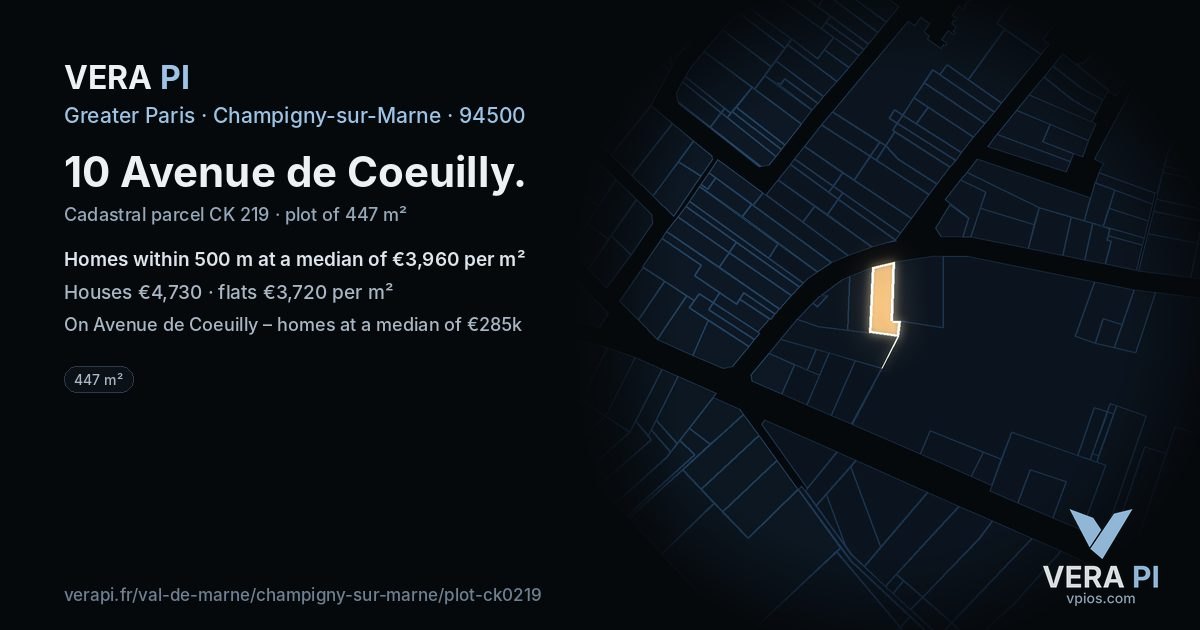 10 Avenue de Coeuilly, Champigny-sur-Marne at night – the plot lit, the parcels around coloured by the prices near them
