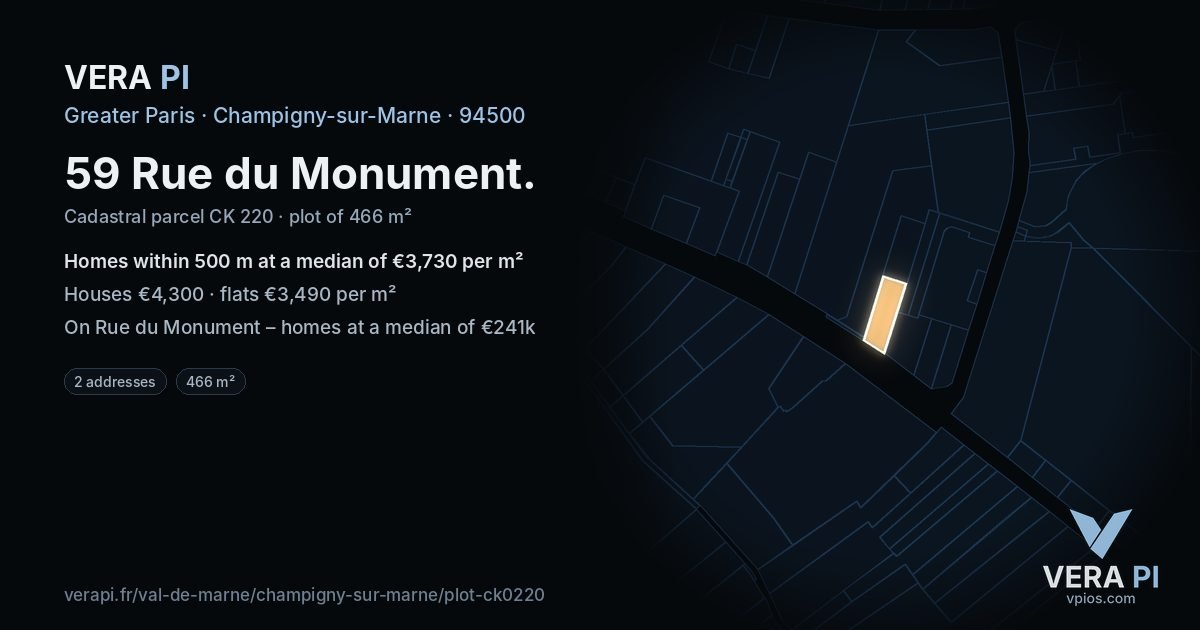 59 Rue du Monument, Champigny-sur-Marne at night – the plot lit, the parcels around coloured by the prices near them