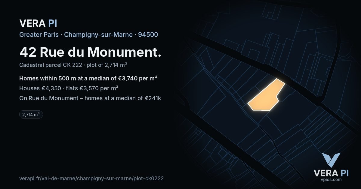 42 Rue du Monument, Champigny-sur-Marne at night – the plot lit, the parcels around coloured by the prices near them