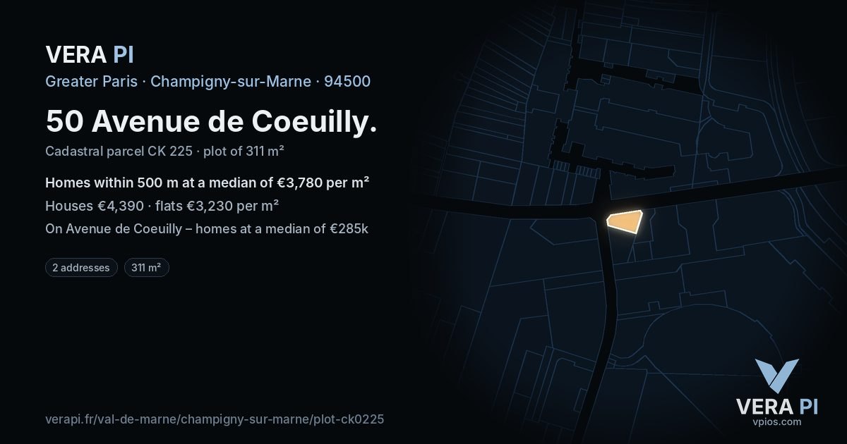 50 Avenue de Coeuilly, Champigny-sur-Marne at night – the plot lit, the parcels around coloured by the prices near them
