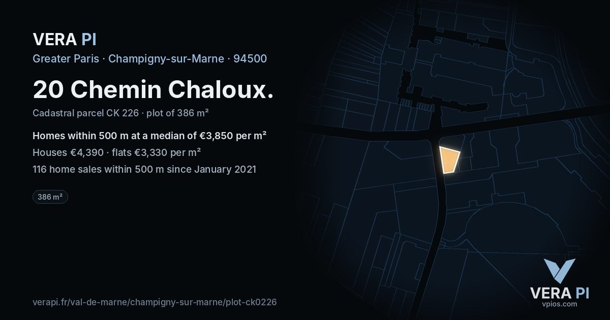 20 Chemin Chaloux, Champigny-sur-Marne at night – the plot lit, the parcels around coloured by the prices near them
