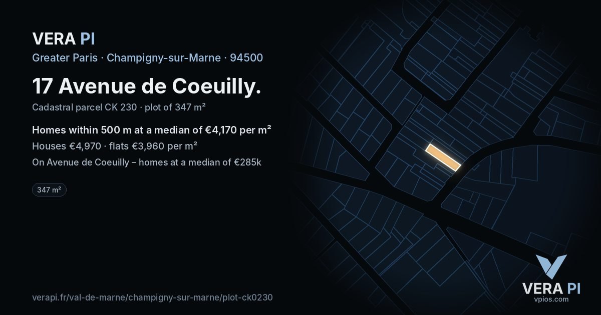 17 Avenue de Coeuilly, Champigny-sur-Marne at night – the plot lit, the parcels around coloured by the prices near them