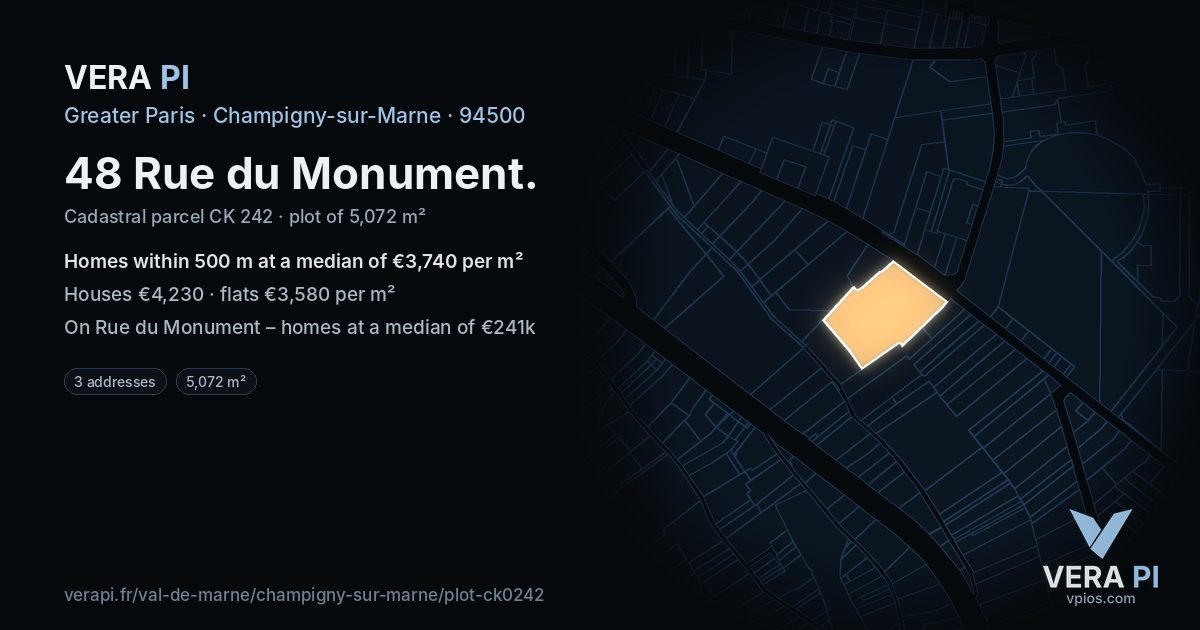 48 Rue du Monument, Champigny-sur-Marne at night – the plot lit, the parcels around coloured by the prices near them