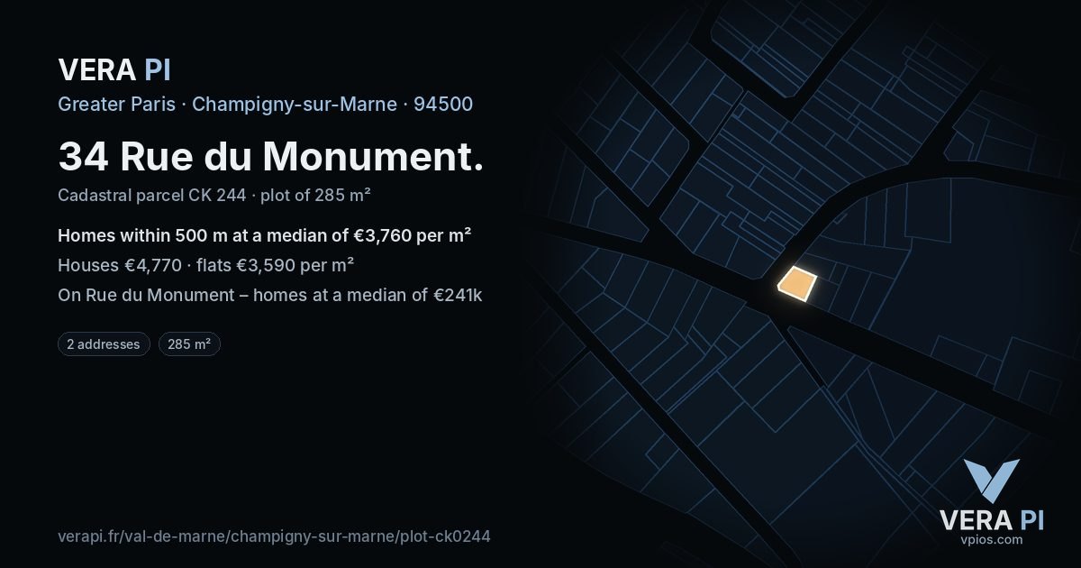 34 Rue du Monument, Champigny-sur-Marne at night – the plot lit, the parcels around coloured by the prices near them